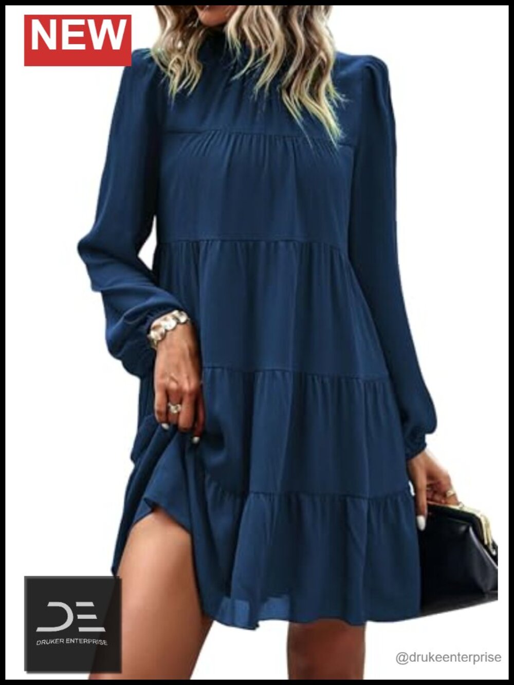 Women's Long Sleeve Babydoll Mini Dress Mock Neck Ruffle Flowy